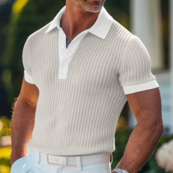 Online OUKU Men's Golf Shirt Knit Polo Business Casual Classic Short Sleeve Fashion Old Money Style Solid Color Button Knitted Summer Spring Regular Fit Light Blue White Burgundy Khaki Grey Golf Shirt