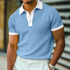 Best OUKU Men's Golf Shirt Knit Polo Work Casual Ribbed Polo Collar Classic Short Sleeve Basic Modern Color Block Ribbed Spring & Summer Regular Fit White Yellow Blue Green Gray Golf Shirt