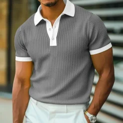 Best OUKU Men's Golf Shirt Knit Polo Work Casual Ribbed Polo Collar Classic Short Sleeve Basic Modern Color Block Ribbed Spring & Summer Regular Fit White Yellow Blue Green Gray Golf Shirt