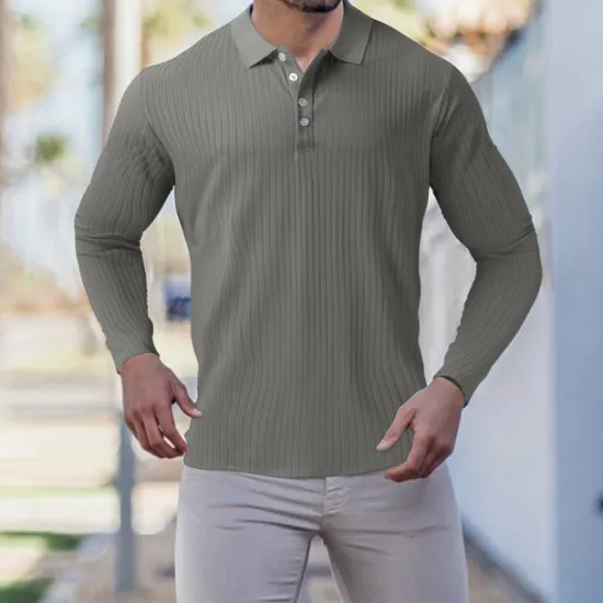 New OUKU Men's Golf Shirt Knit Polo Casual Going out Polo Collar Classic Long Sleeve Sportswear Casual Solid Color Striped Patchwork Button Front Fall & Winter Slim Black White Wine Red Navy Blue Dark Green