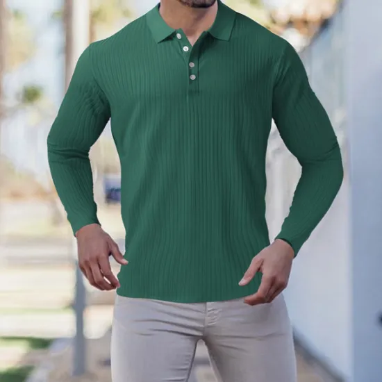 New OUKU Men's Golf Shirt Knit Polo Casual Going out Polo Collar Classic Long Sleeve Sportswear Casual Solid Color Striped Patchwork Button Front Fall & Winter Slim Black White Wine Red Navy Blue Dark Green