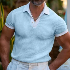 Best OUKU Men's Golf Shirt Knit Polo Business Casual Classic Short Sleeve Fashion Solid Color Button Knitted Summer Spring Regular Fit Light Blue White Burgundy Khaki Grey Golf Shirt