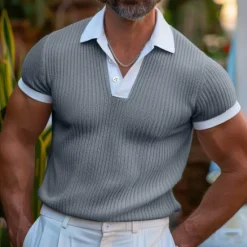 Best OUKU Men's Golf Shirt Knit Polo Business Casual Classic Short Sleeve Fashion Solid Color Button Knitted Summer Spring Regular Fit Light Blue White Burgundy Khaki Grey Golf Shirt