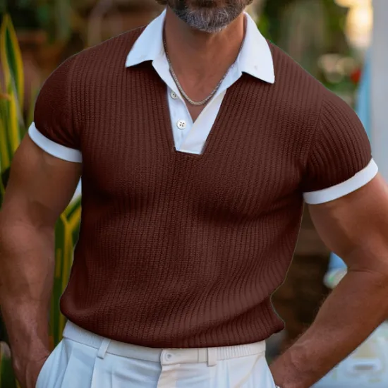 Best OUKU Men's Golf Shirt Knit Polo Business Casual Classic Short Sleeve Fashion Solid Color Button Knitted Summer Spring Regular Fit Light Blue White Burgundy Khaki Grey Golf Shirt
