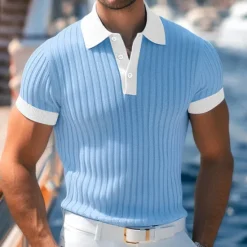 Hot OUKU Men's Golf Shirt Knit Polo Work Casual Ribbed Polo Collar Classic Short Sleeve Basic Modern Color Block Ribbed Spring & Summer Regular Fit White Yellow Blue Green Gray Golf Shirt