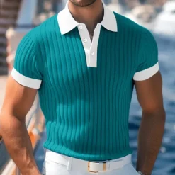 Hot OUKU Men's Golf Shirt Knit Polo Work Casual Ribbed Polo Collar Classic Short Sleeve Basic Modern Color Block Ribbed Spring & Summer Regular Fit White Yellow Blue Green Gray Golf Shirt
