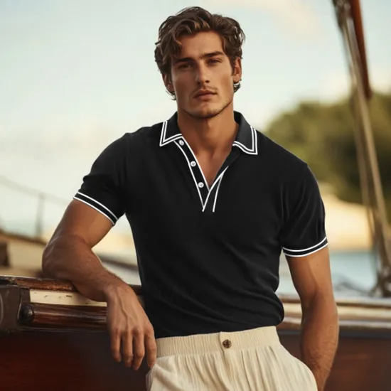 New OUKU Men's Golf Shirt Pique Polo Shirt Work Business Ribbed Polo Collar Classic Short Sleeve Basic Modern Solid Color Buttons Ribbed Spring & Summer Regular Fit Black Wine Navy Blue Royal Blue Golf Shirt