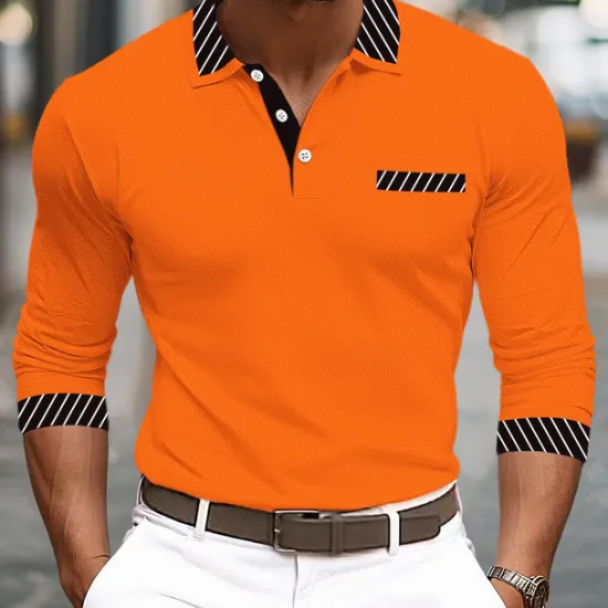 Online OUKU Men's Golf Shirt Pique Polo Shirt Business Casual Turndown Long Sleeve Fashion Basic Solid Color Color Block Patchwork Button Spring & Fall Regular Fit Black White Burgundy Navy Blue Orange Golf