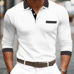 Online OUKU Men's Golf Shirt Pique Polo Shirt Business Casual Turndown Long Sleeve Fashion Basic Solid Color Color Block Patchwork Button Spring & Fall Regular Fit Black White Burgundy Navy Blue Orange Golf