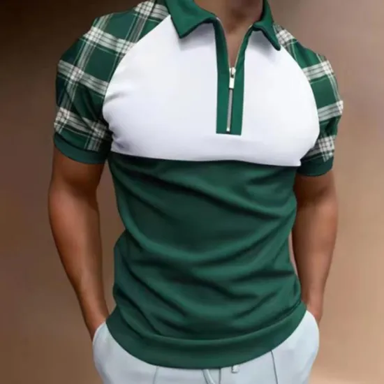 Discount OUKU Men's Golf Shirt Polo Business Casual Quarter Zip Short Sleeve Fashion Casual Plaid Color Block Zipper Summer Spring Regular Fit Blue Dark Green Green Golf Shirt