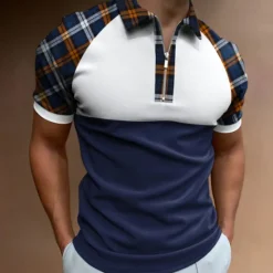 Discount OUKU Men's Golf Shirt Polo Business Casual Quarter Zip Short Sleeve Fashion Casual Plaid Color Block Zipper Summer Spring Regular Fit Blue Dark Green Green Golf Shirt
