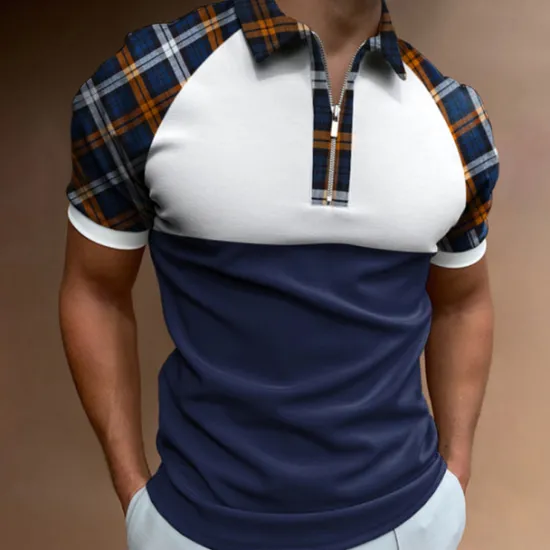 Discount OUKU Men's Golf Shirt Polo Business Casual Quarter Zip Short Sleeve Fashion Casual Plaid Color Block Zipper Summer Spring Regular Fit Blue Dark Green Green Golf Shirt