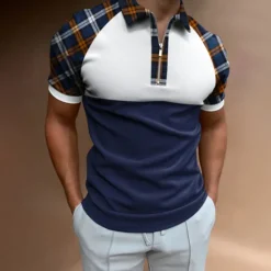 Discount OUKU Men's Golf Shirt Polo Business Casual Quarter Zip Short Sleeve Fashion Casual Plaid Color Block Zipper Summer Spring Regular Fit Blue Dark Green Green Golf Shirt