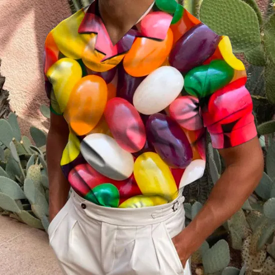 Online OUKU Men's Golf Shirt Short Sleeve Candy Print Casual Optical Illusion Turndown Tops Green Black Blue Gray Rainbow 3D Print Daily Button-Down Print Fashion Designer Breathable / Sports