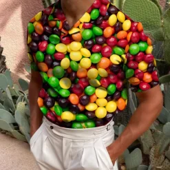 Online OUKU Men's Golf Shirt Short Sleeve Candy Print Casual Optical Illusion Turndown Tops Green Black Blue Gray Rainbow 3D Print Daily Button-Down Print Fashion Designer Breathable / Sports