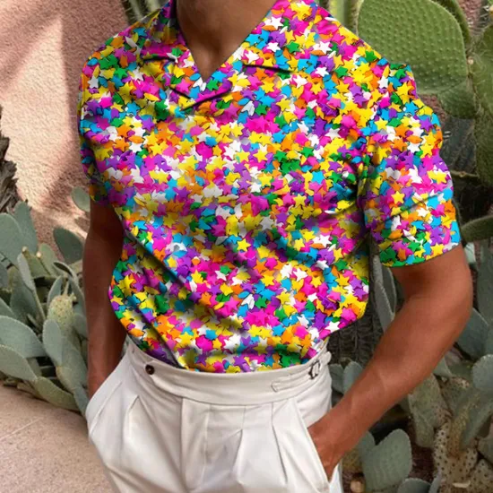 Online OUKU Men's Golf Shirt Short Sleeve Candy Print Casual Optical Illusion Turndown Tops Green Black Blue Gray Rainbow 3D Print Daily Button-Down Print Fashion Designer Breathable / Sports