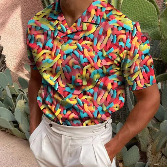 Online OUKU Men's Golf Shirt Short Sleeve Candy Print Casual Optical Illusion Turndown Tops Green Black Blue Gray Rainbow 3D Print Daily Button-Down Print Fashion Designer Breathable / Sports