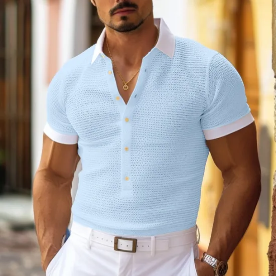 Best OUKU Men's Golf Shirt Waffle Knit Polo Shirt Casual Holiday Lapel Short Sleeve Fashion Old Money Style Plain Button Summer Spring Regular Fit White Light Blue Golf Shirt