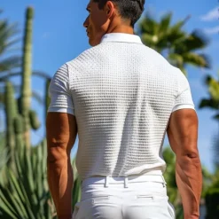 Best OUKU Men's Golf Shirt Waffle Knit Polo Shirt Casual Holiday Lapel Short Sleeve Fashion Old Money Style Plain Button Summer Spring Regular Fit White Light Blue Golf Shirt