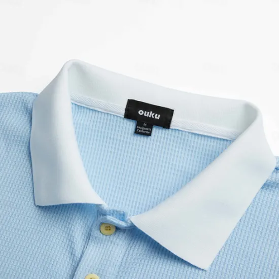 Best OUKU Men's Golf Shirt Waffle Knit Polo Shirt Casual Holiday Lapel Short Sleeve Fashion Old Money Style Plain Button Summer Spring Regular Fit White Light Blue Golf Shirt