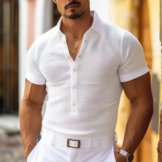 Best OUKU Men's Golf Shirt Waffle Knit Polo Shirt Casual Holiday Lapel Short Sleeve Fashion Old Money Style Plain Button Summer Spring Regular Fit White Light Blue Golf Shirt