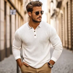 New OUKU Men's Golf Shirt Waffle Knit Polo Shirt Formal Business Ribbed Polo Collar Long Sleeve Fashion Solid Color Button Spring & Fall Golf Shirt White