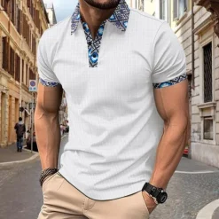 New OUKU Men's Golf Shirt Waffle Knit Polo Shirt Business Active Classic Short Sleeve Fashion Modern Solid Color Buttons Summer Spring Regular Fit Black White Royal Blue Beige Gray Golf Shirt