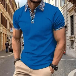 New OUKU Men's Golf Shirt Waffle Knit Polo Shirt Business Active Classic Short Sleeve Fashion Modern Solid Color Buttons Summer Spring Regular Fit Black White Royal Blue Beige Gray Golf Shirt