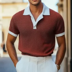 Sale OUKU Men's Golf Shirt Waffle Knit Polo Shirt Business Casual Ribbed Polo Collar Short Sleeve Fashion Solid Color Button Knitted Summer Spring Fall Regular Fit Light Blue Burgundy Khaki Grey Golf Shirt