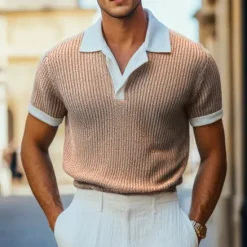 Sale OUKU Men's Golf Shirt Waffle Knit Polo Shirt Business Casual Ribbed Polo Collar Short Sleeve Fashion Solid Color Button Knitted Summer Spring Fall Regular Fit Light Blue Burgundy Khaki Grey Golf Shirt