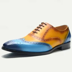 New OUKU Men's Gradient Brogue Oxford Shoes – Premium Cowhide Leather with Yellow and Blue Design, Perfect for Business, Parties, or Formal Occasions Brown / Blue