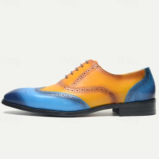 New OUKU Men's Gradient Brogue Oxford Shoes – Premium Cowhide Leather with Yellow and Blue Design, Perfect for Business, Parties, or Formal Occasions Brown / Blue