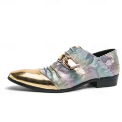 Hot OUKU Men's Gradient Camo Formal Shoes with Metallic Toe Caps and Buckle Detail - Elegant Lace-Up Design for Parties and Special Events Gold