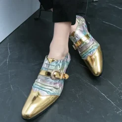 Hot OUKU Men's Gradient Camo Formal Shoes with Metallic Toe Caps and Buckle Detail - Elegant Lace-Up Design for Parties and Special Events Gold