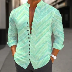 Outlet OUKU Men's Gradient Chevron Shirt Stand Collar Shirt Long Sleeve Casual Vacation Daily Wear Going out Spring Fall Mandarin Collar Band Collar Button-Down Linen Like Shirt Pink Green Khaki
