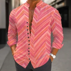 Outlet OUKU Men's Gradient Chevron Shirt Stand Collar Shirt Long Sleeve Casual Vacation Daily Wear Going out Spring Fall Mandarin Collar Band Collar Button-Down Linen Like Shirt Pink Green Khaki