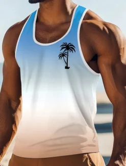 New OUKU Men's Gradient Coconut Palm T Shirt Vest Top Sleeveless T shirt 3D Print Crew Neck Scoop Neck Shirt Vacation Casual Casual Hawaiian Holiday Pink Blue Orange Summer Spring Clothing Apparel S M L XL