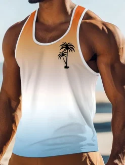 New OUKU Men's Gradient Coconut Palm T Shirt Vest Top Sleeveless T shirt 3D Print Crew Neck Scoop Neck Shirt Vacation Casual Casual Hawaiian Holiday Pink Blue Orange Summer Spring Clothing Apparel S M L XL