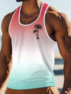 New OUKU Men's Gradient Coconut Palm T Shirt Vest Top Sleeveless T shirt 3D Print Crew Neck Scoop Neck Shirt Vacation Casual Casual Hawaiian Holiday Pink Blue Orange Summer Spring Clothing Apparel S M L XL