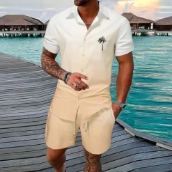 Hot OUKU Men's Gradient Coconut Tree Tropical Plants 2pcs Shirts Sets Summer Hawaiian Shirt Short Sleeve Short Pants Turndown Fashion Streetwear Designer Outdoor Street Casual Print Summer Spring Yellow Pink