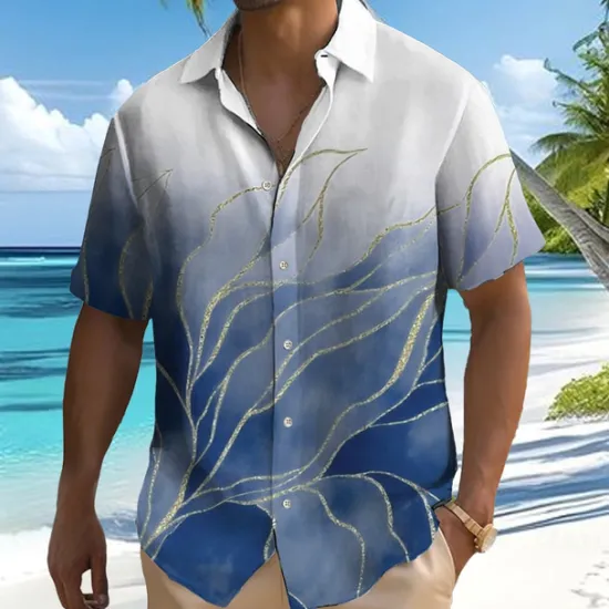 Hot OUKU Men's Gradient Color Palm Leaf Tropical Plants Shirt Summer Hawaiian Shirt Button Up Shirt Short Sleeve Hawaiian Resort Vacation Holiday Beach Wear Summer Spring Turndown 3D Print Collared Shirts