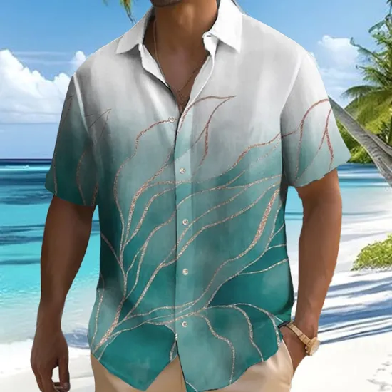 Hot OUKU Men's Gradient Color Palm Leaf Tropical Plants Shirt Summer Hawaiian Shirt Button Up Shirt Short Sleeve Hawaiian Resort Vacation Holiday Beach Wear Summer Spring Turndown 3D Print Collared Shirts