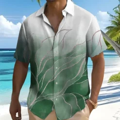 Hot OUKU Men's Gradient Color Palm Leaf Tropical Plants Shirt Summer Hawaiian Shirt Button Up Shirt Short Sleeve Hawaiian Resort Vacation Holiday Beach Wear Summer Spring Turndown 3D Print Collared Shirts
