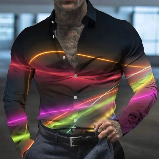 Sale OUKU Men's Gradient Geometric Pattern Shirt Button Up Shirt Long Sleeve Fashion Designer Casual Outdoor Casual Holiday Fall & Winter Turndown Print Button-Down Silver Yellow Red Blue Gold