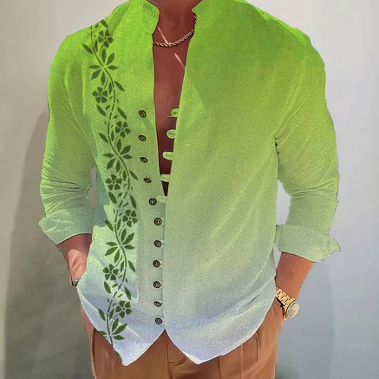 Discount OUKU Men's Gradient Leaves Shirt Button Up Shirt Long Sleeve Fashion Streetwear Designer Outdoor Casual Daily Summer Spring Fall Stand Collar Print Blue-Green Yellow Pink Blue Purple