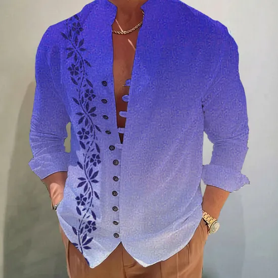 Discount OUKU Men's Gradient Leaves Shirt Button Up Shirt Long Sleeve Fashion Streetwear Designer Outdoor Casual Daily Summer Spring Fall Stand Collar Print Blue-Green Yellow Pink Blue Purple