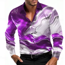 New OUKU Men's Gradient Waves Marble Shirt Satin Shirt Dress Shirt Long Sleeve Fashion Casual Vacation Dailywear Summer Spring Fall Turndown 3D Print Button Up Shirts Blue Purple Green