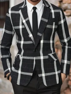 Clearance OUKU Men's Graduation Blazer Business Cocktail Party Wedding Party Fashion Casual Spring Autumn / Fall Polyester Plaid Pocket Buttons Comfortable Single Breasted Blazer Black Brown Coffee Gray