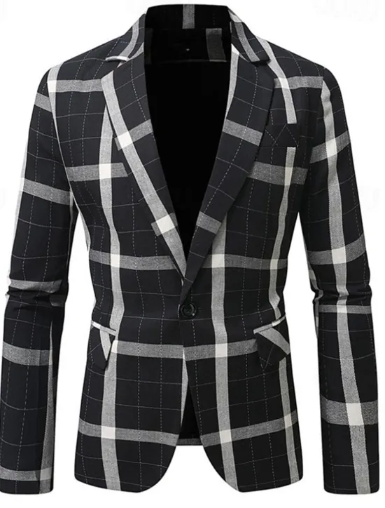 Clearance OUKU Men's Graduation Blazer Business Cocktail Party Wedding Party Fashion Casual Spring Autumn / Fall Polyester Plaid Pocket Buttons Comfortable Single Breasted Blazer Black Brown Coffee Gray