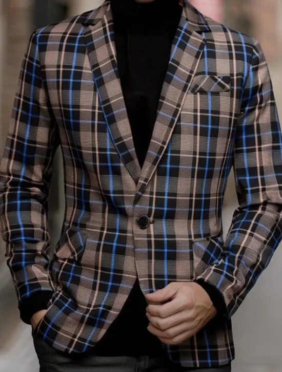 Clearance OUKU Men's Graduation Blazer Business Cocktail Party Wedding Party Fashion Casual Spring Autumn / Fall Polyester Plaid Pocket Buttons Comfortable Single Breasted Blazer Black Brown Coffee Gray